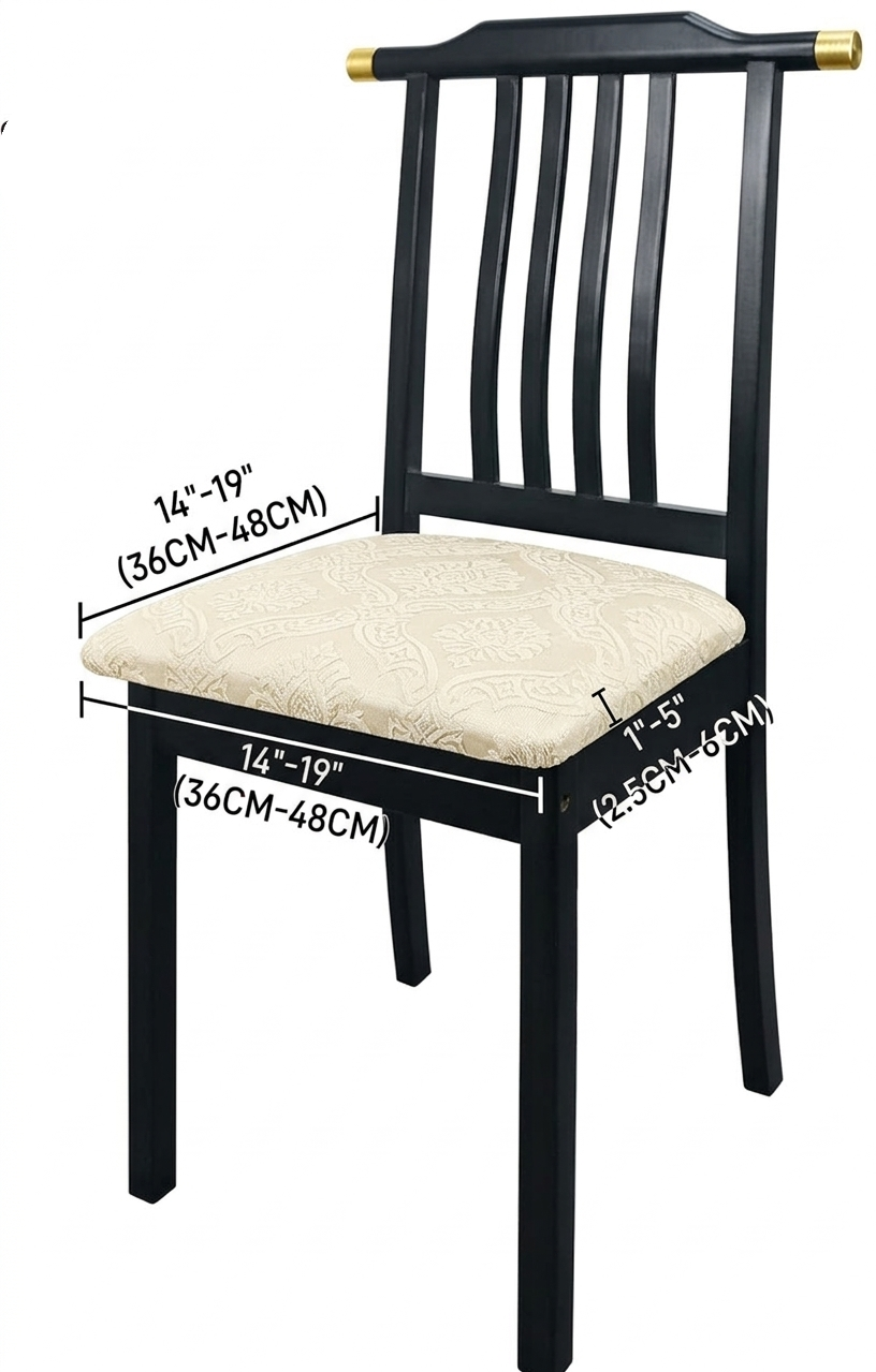 Black chair with beige cushion and measurements on a white background