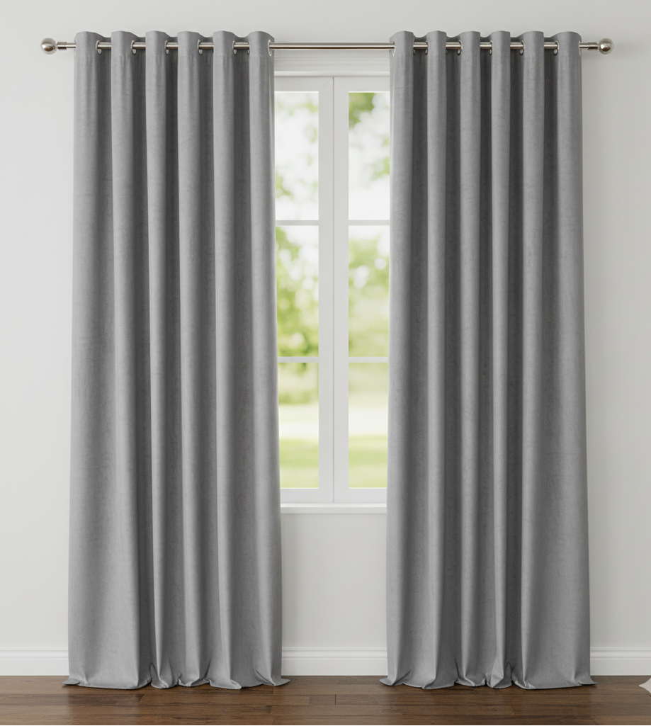 Gray curtains with grommets on a window in a room with a white wall and wooden floor.