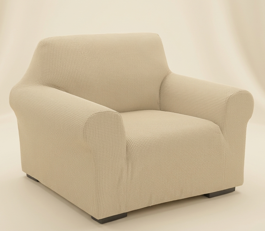 Beige armchair with a textured cover on a beige background
