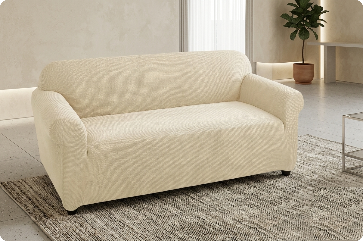 Beige sofa cover on a sofa in a living room setting