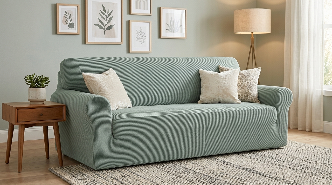 Sage Green Jacquard Sofa Cover, Stylish Couch, Recliner & Chairs Slipcovers for Livingroom - Trendy Home Decors and Furnishings