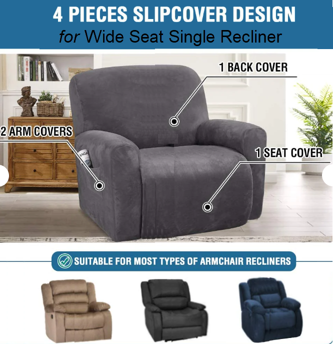 Extra-Wide Single Recliner Sofa Covers in Luxury Velvet 4-Piece Cover Set - Trendy Home Decors and Furnishings