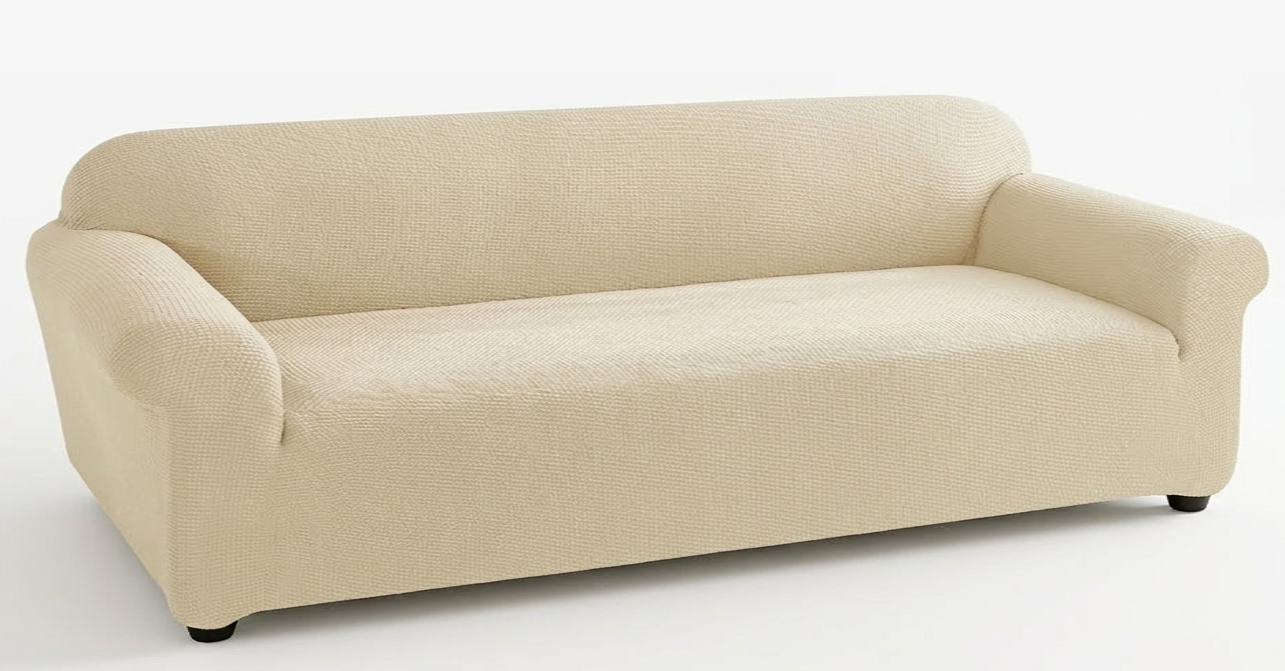 Beige 4 seat sofa cover on a white couch against a white background