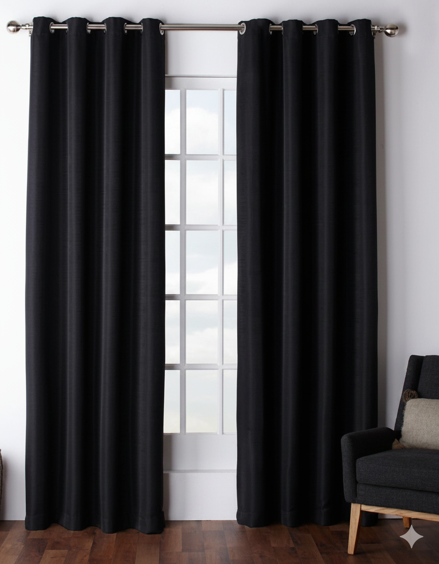 Black curtains hanging in front of a window with a chair on a wooden floor.