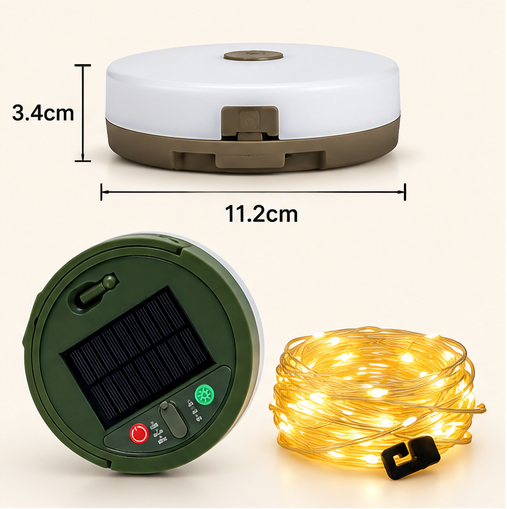 Camping Lantern Compact 10m Retractable String Lights | Solar/USB-C Charge, IP65 Waterproof, Power Bank