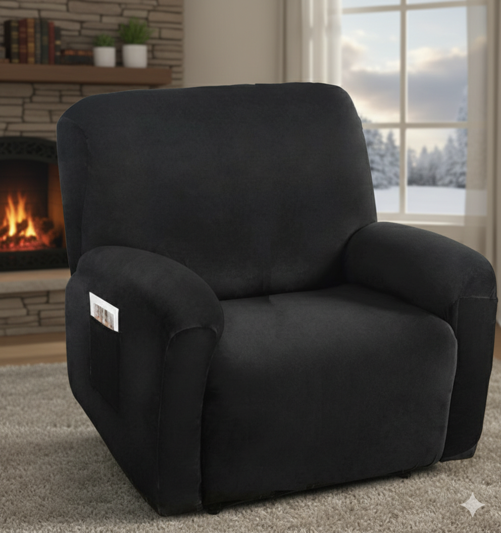 1 Black Velvet Stretch Recliner & Sofa Cover Slipcover for Couch, Lounge Chairs. - Trendy Home Decors and Furnishings