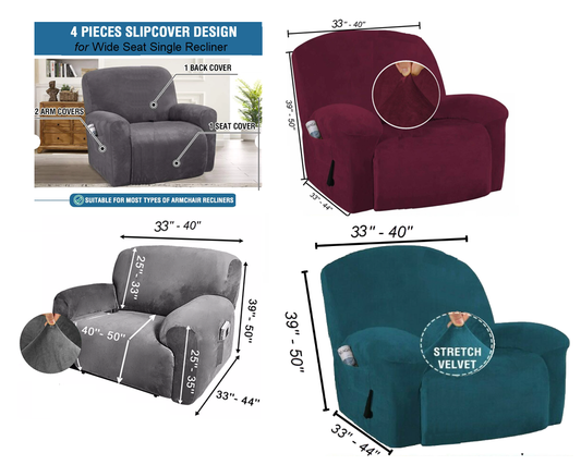 Extra-Wide Single Recliner Sofa Covers in Luxury Velvet 4-Piece Cover Set - Trendy Home Decors and Furnishings