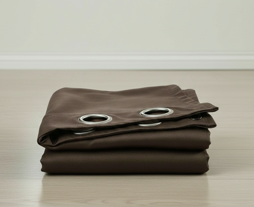 Folded brown fabric with eyelets on a light wooden floor.