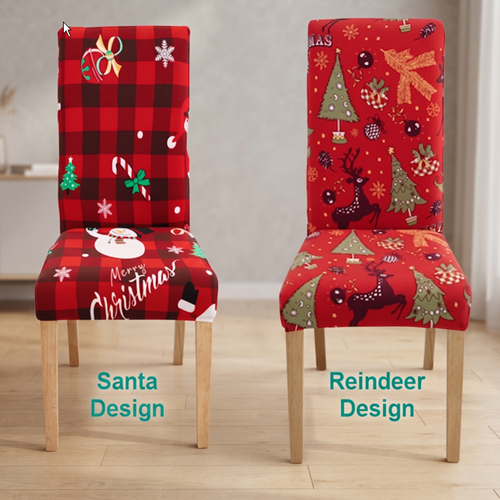 Christmas Lycra Dining Chair Cover - Santa & Deer Holiday Pattern - Trendy Home Decors and Furnishings