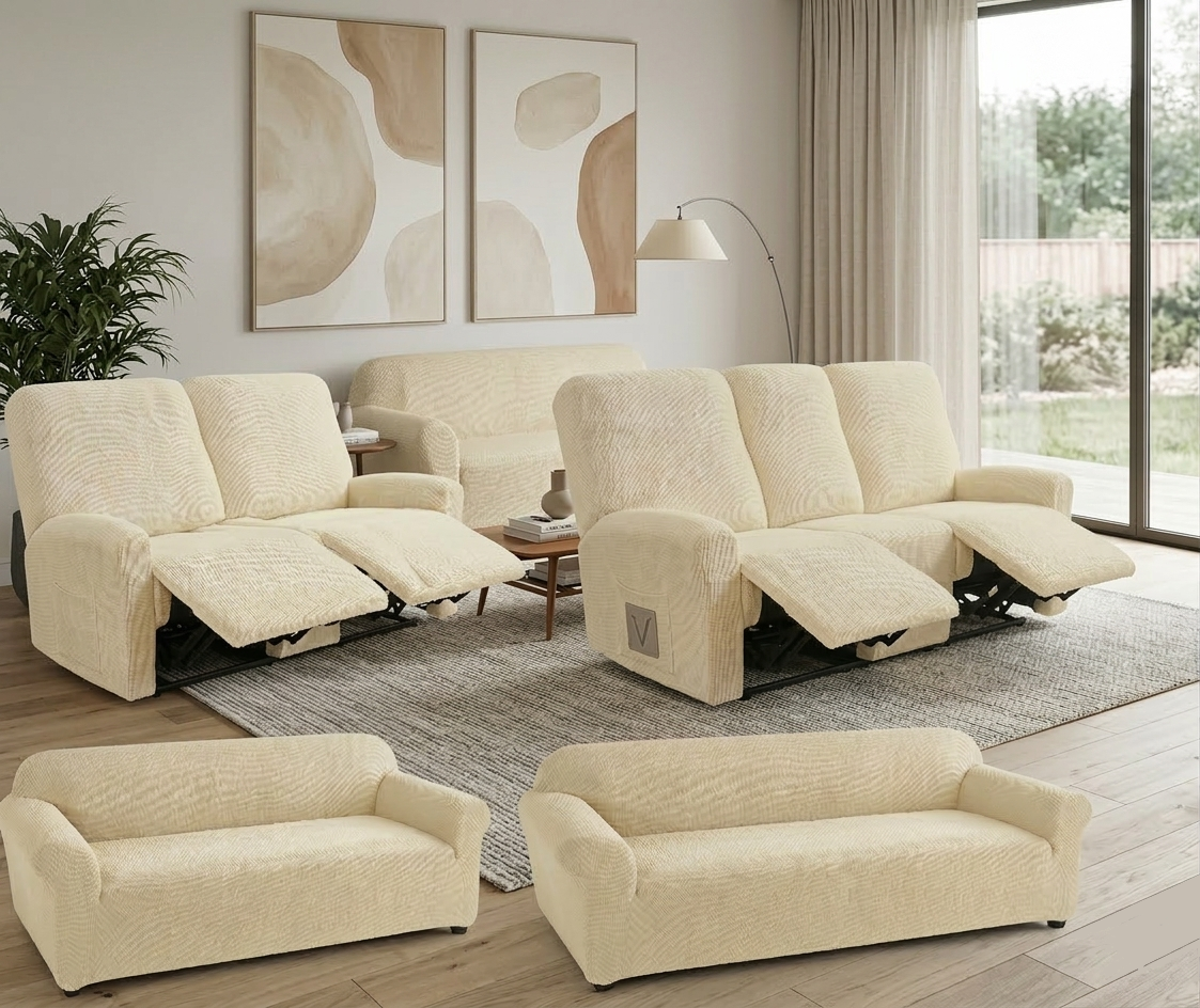 Beige sofa set with reclining in a living room setting