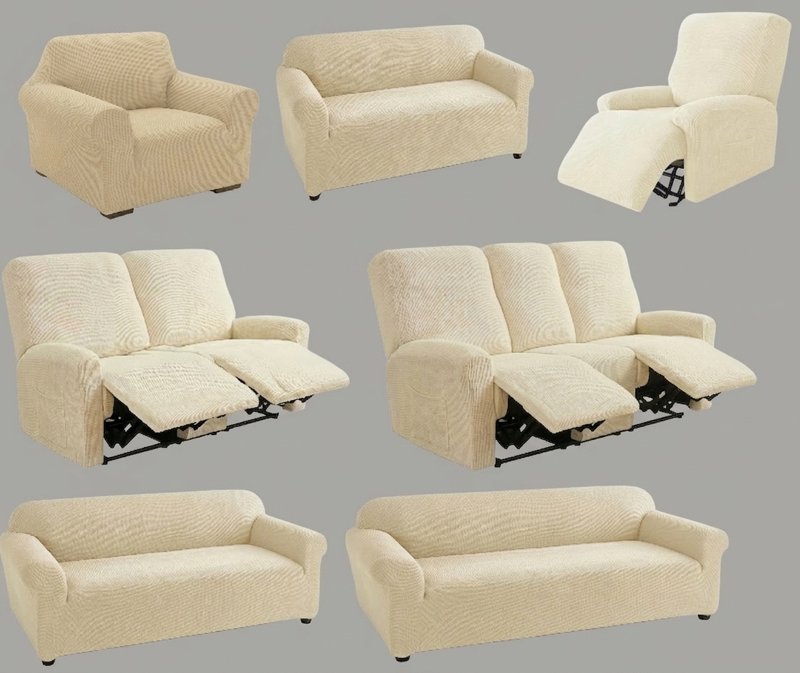 Collection of beige recliner chairs and sofas on a gray background