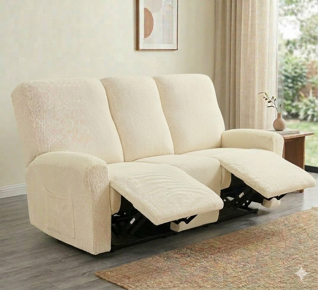 Beige recliner sofa in a living room setting with a rug and window in the background.