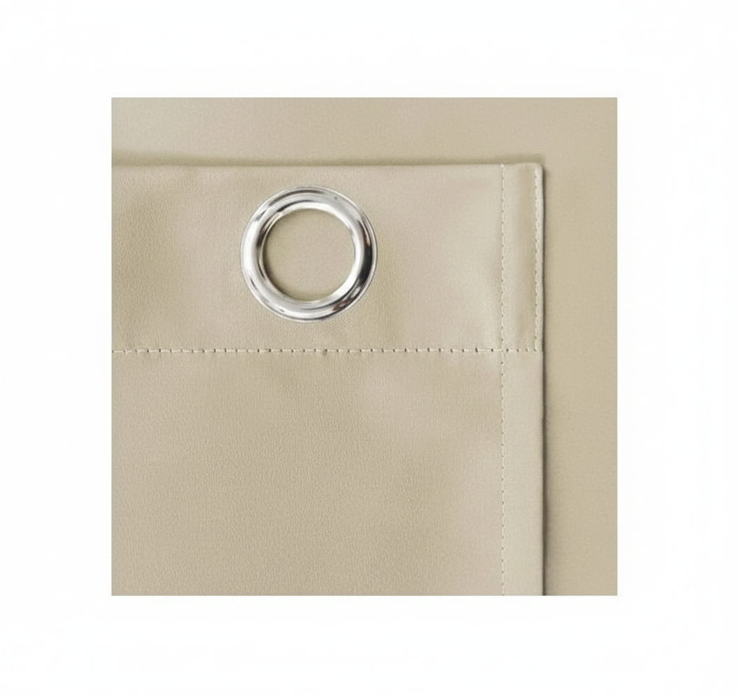 Beige curtain panel with a silver ring on a white background