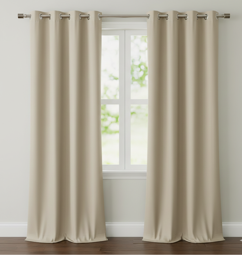 Beige curtains with grommets on a window with a light background