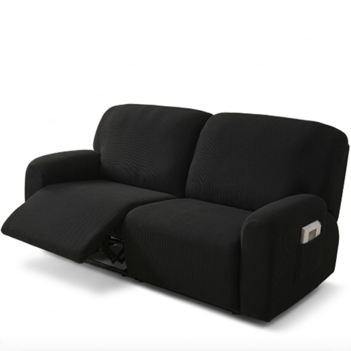 A black reclining wide 2-seat sofa with a textured jacquard fabric cover, shown with the left seat extended on a clean white background.