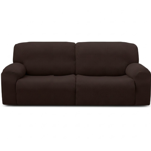 A dark brown textured jacquard fabric slipcover fitted cover a wide two-seater recliner sofa, shown against a plain white background.
