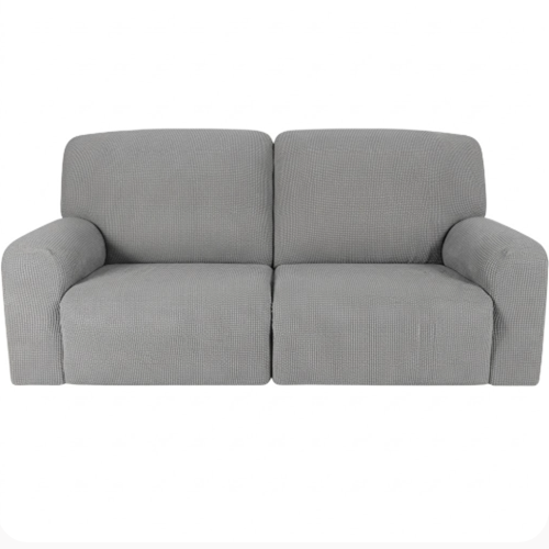 A light grey wide two-seater recliner sofa with a textured jacquard fabric cover, shown from a front-facing perspective against a plain white background.