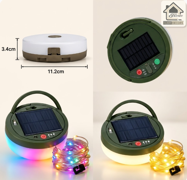 Camping Lantern Compact 10m Retractable String Lights | Solar/USB-C Charge, IP65 Waterproof, Power Bank