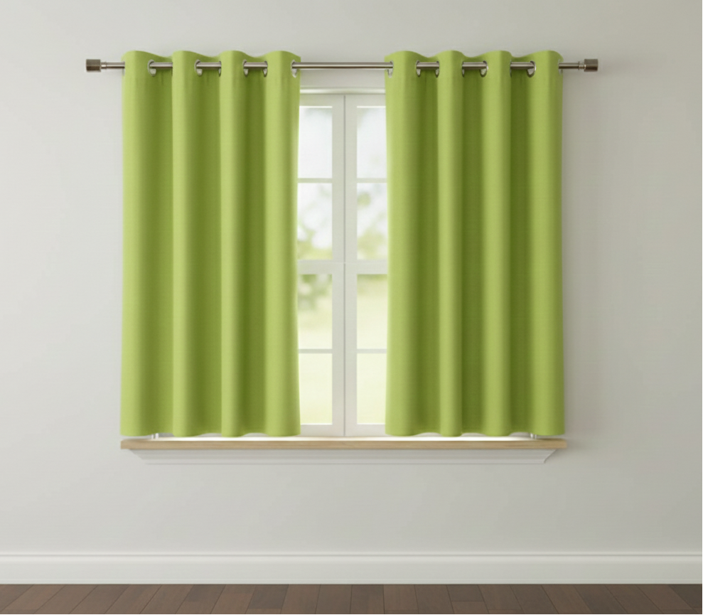 Light Lime Green curtains on a window with a plain white wall background