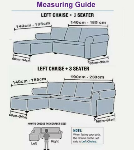 Measurement guide for left chaise and seater configurations of a sectional sofa.
