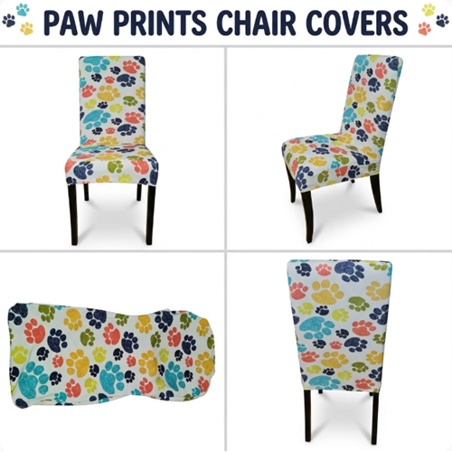 Four views of a high-back dining chair covered in a colorful paw print stretch chair cover, with a top banner reading 'PAW PRINTS CHAIR COVERS'.