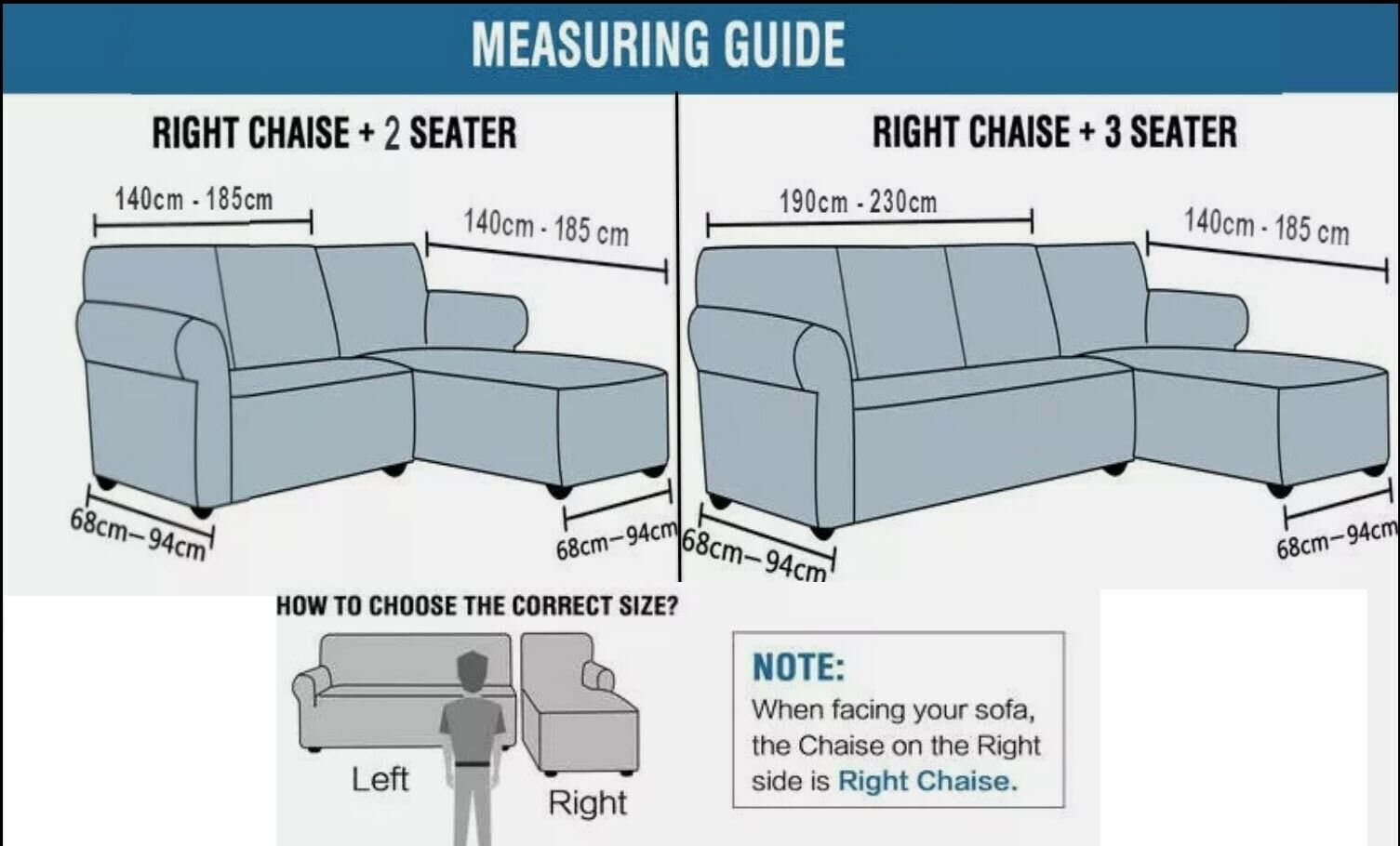 Measuring guide for right chaise and seater configurations of a sofa.