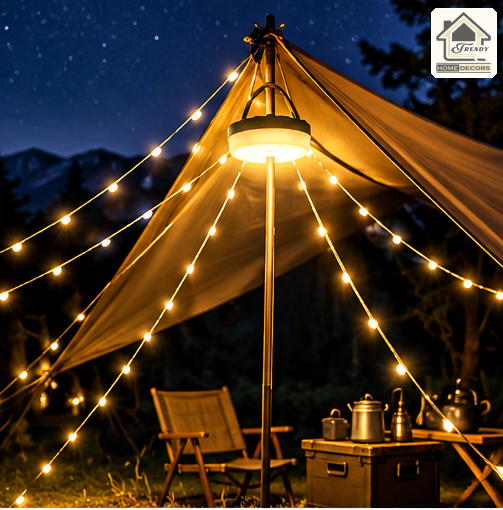 Camping Lantern Compact 10m Retractable String Lights | Solar/USB-C Charge, IP65 Waterproof, Power Bank