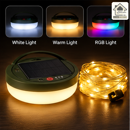 Camping Lantern Compact 10m Retractable String Lights | Solar/USB-C Charge, IP65 Waterproof, Power Bank
