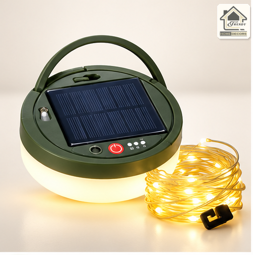Camping Lantern Compact 10m Retractable String Lights | Solar/USB-C Charge, IP65 Waterproof, Power Bank