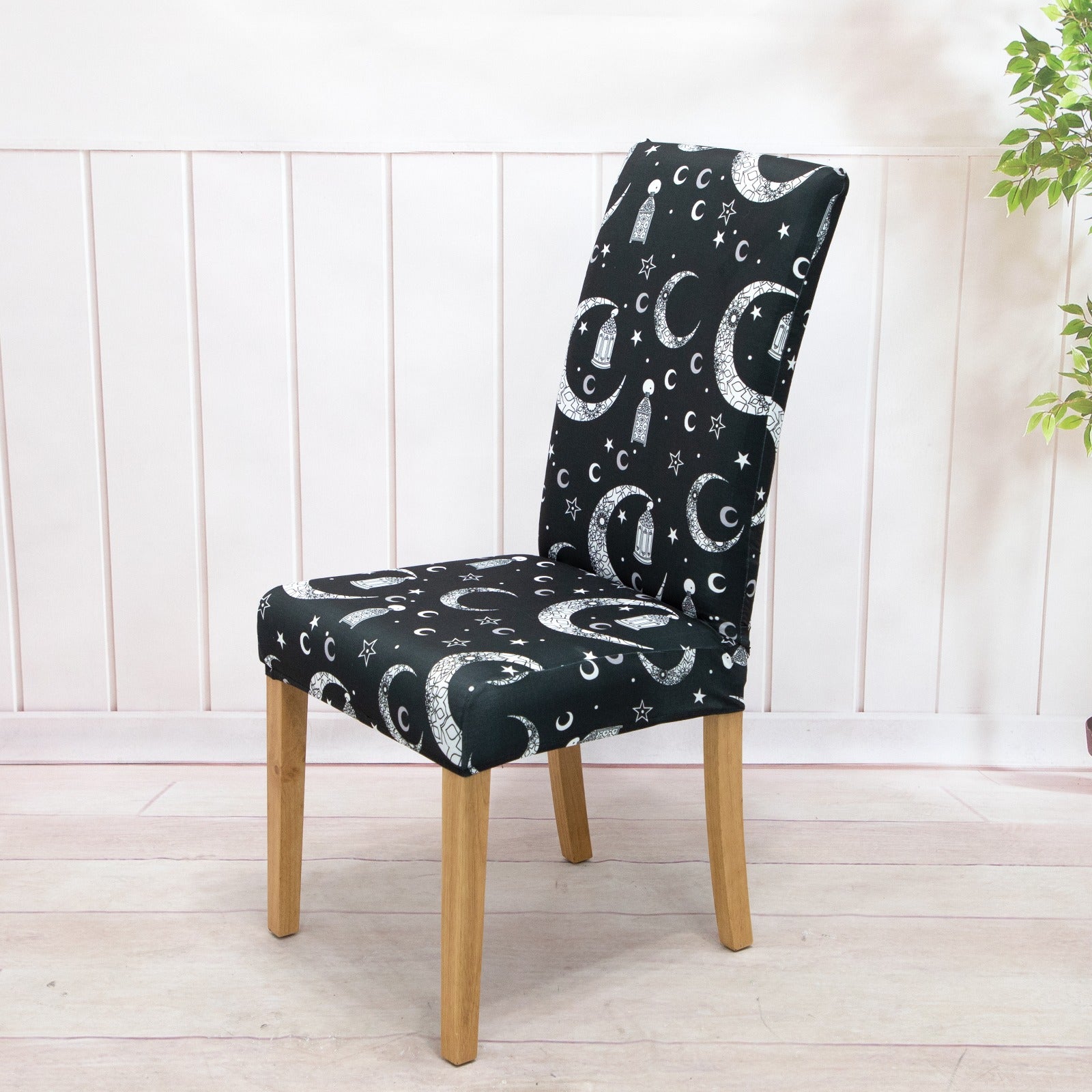 Unique patterns of Lycra Dining Chair covers Geometric Pattern, Stretch  Spandex Fit for Standard Chairs sizes Black Moon print